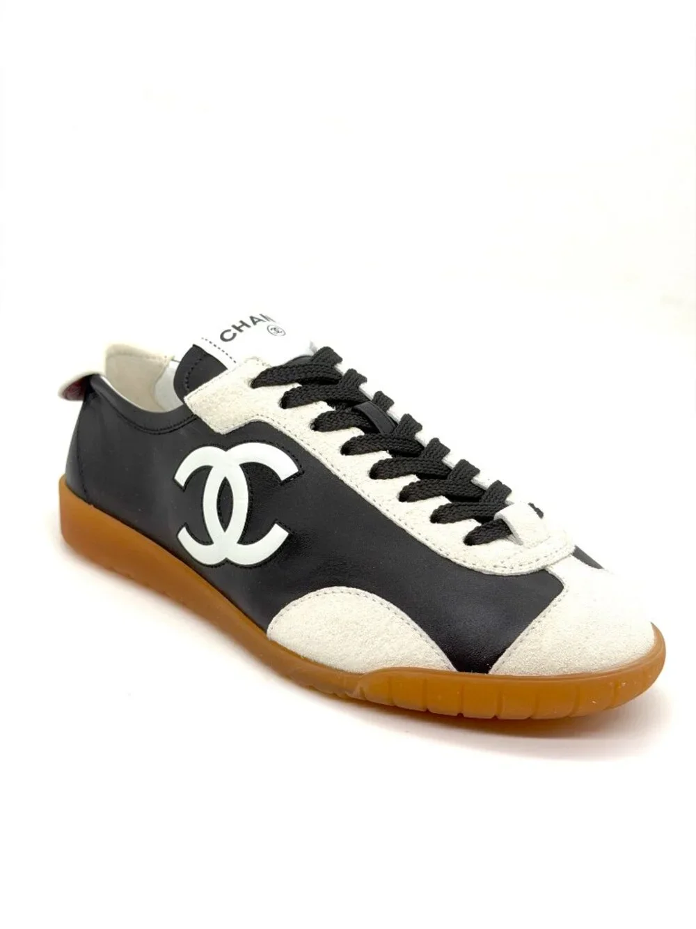 CHANEL REV Leather Suede CC Slim Retro Lace Up Sneakers Flats Trainers Shoes